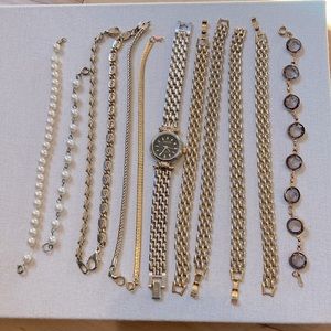 Set of 11 vintage gold bracelets and one vintage watch